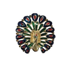 Vintage Blue and Green Enamel Peacock Brooch Pin, 2" Wide